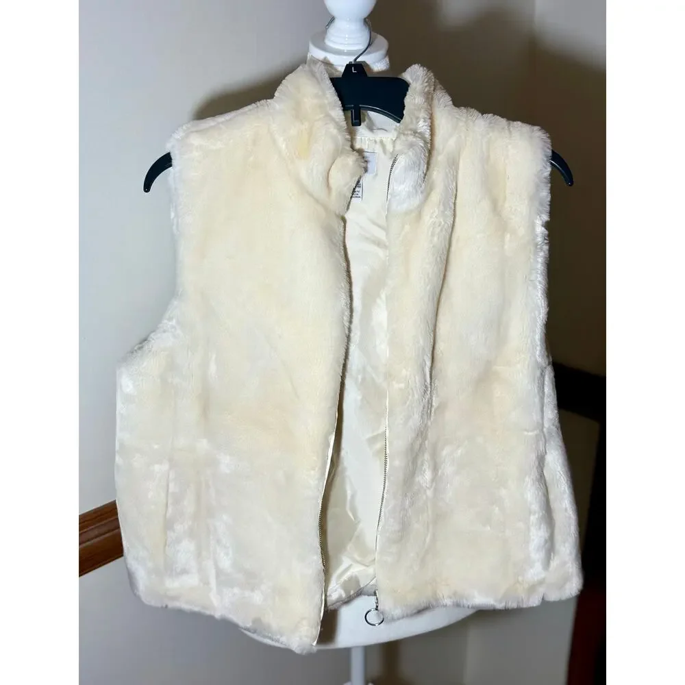 Ann Taylor LOFT Ivory Faux Fur Zip Vest Large